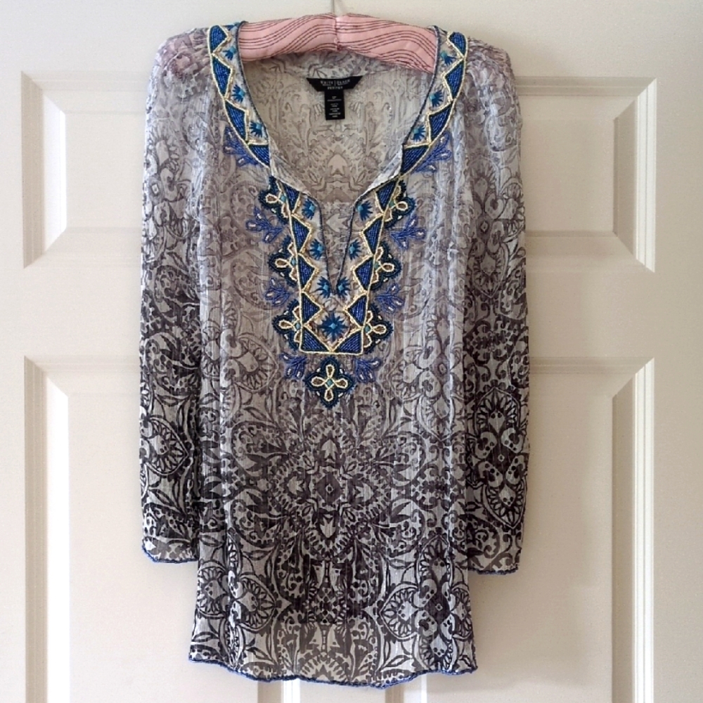 White House Black Market Petites Top Sheer Whimsygoth Fairy Beaded Tunic